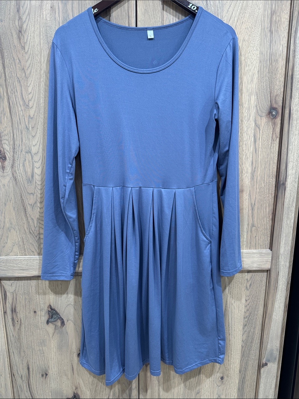 Women's Long-Sleeve Pleated Dress in Steel Blue